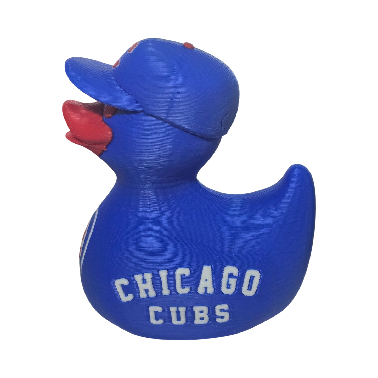A blue 3D Printer PLA duck styled like a Chicago Cubs baseball player, wearing a blue cap with a red 'C' logo and featuring the Chicago Cubs logo on its side, set against a plain white background.