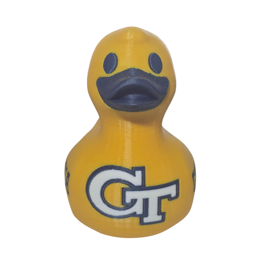 A yellow 3D Printer PLA duck with a dark blue beak and eyes, featuring the Georgia Tech 'GT' logo and 'GEORGIA TECH' text on the side, set against a plain white background.