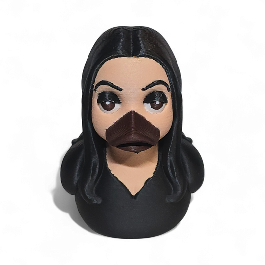 A novelty 3D printed PLA duck styled as a woman with long black hair, a beige face, and a dark brown beak, shown on a plain white background.