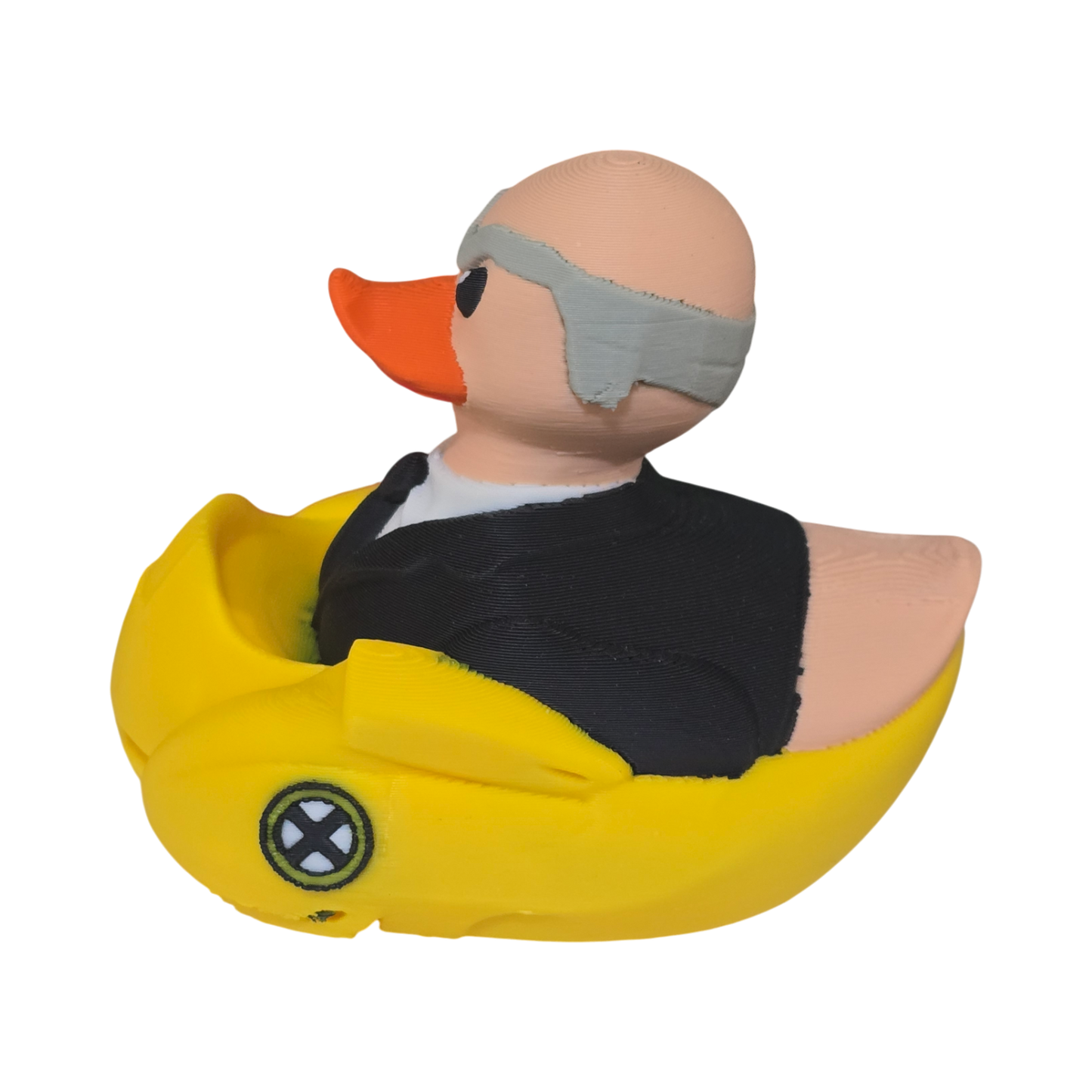 A 3D printed PLA duck toy featuring a bald man in a black suit and tie with a gray mask, sitting inside a bright yellow car-shaped base on a white background.