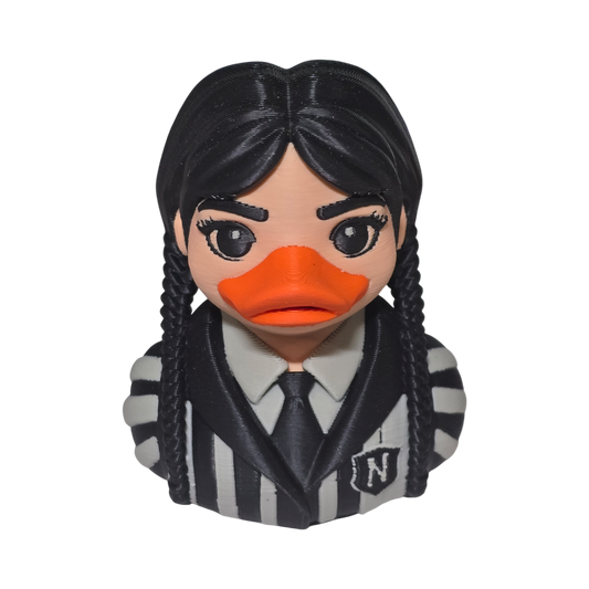 A 3D printed PLA duck styled as a woman with black braided hair, a bright orange beak, and a black-and-white striped shirt, shown on a plain white background.