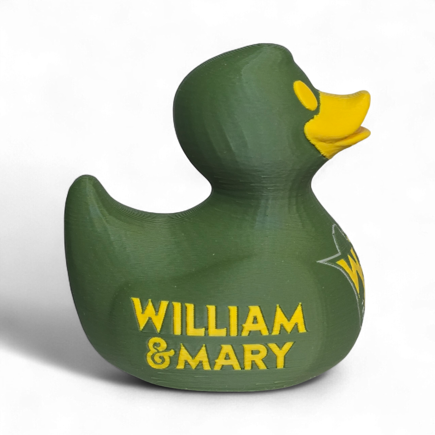 A green 3D Printed PLA duck with a yellow beak and yellow eye, featuring a white and yellow W&M Tribe logo on the side, set against a plain white background.