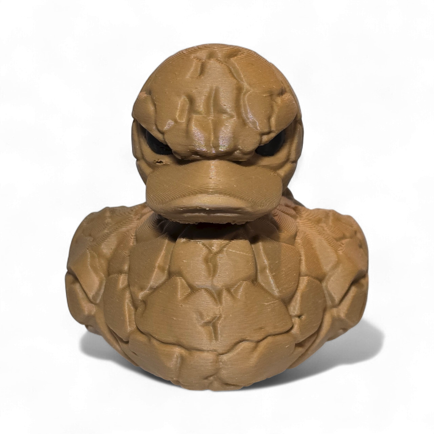 Brown 3D printed PLA duck with a textured surface on a white background