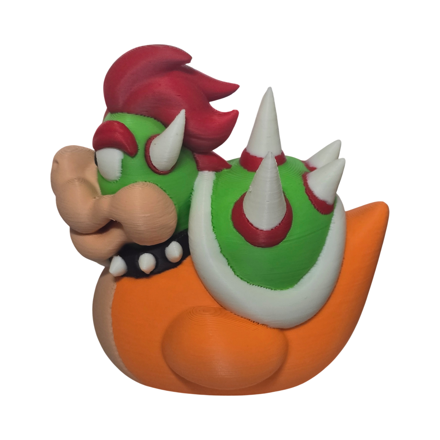 A 3D-printed figurine of Bowser from the Super Mario series, shown from a three-quarters angle against a plain white background.
