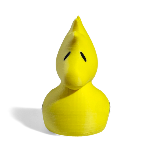 Yellow 3D printed PLA duck with a unique design on a white background