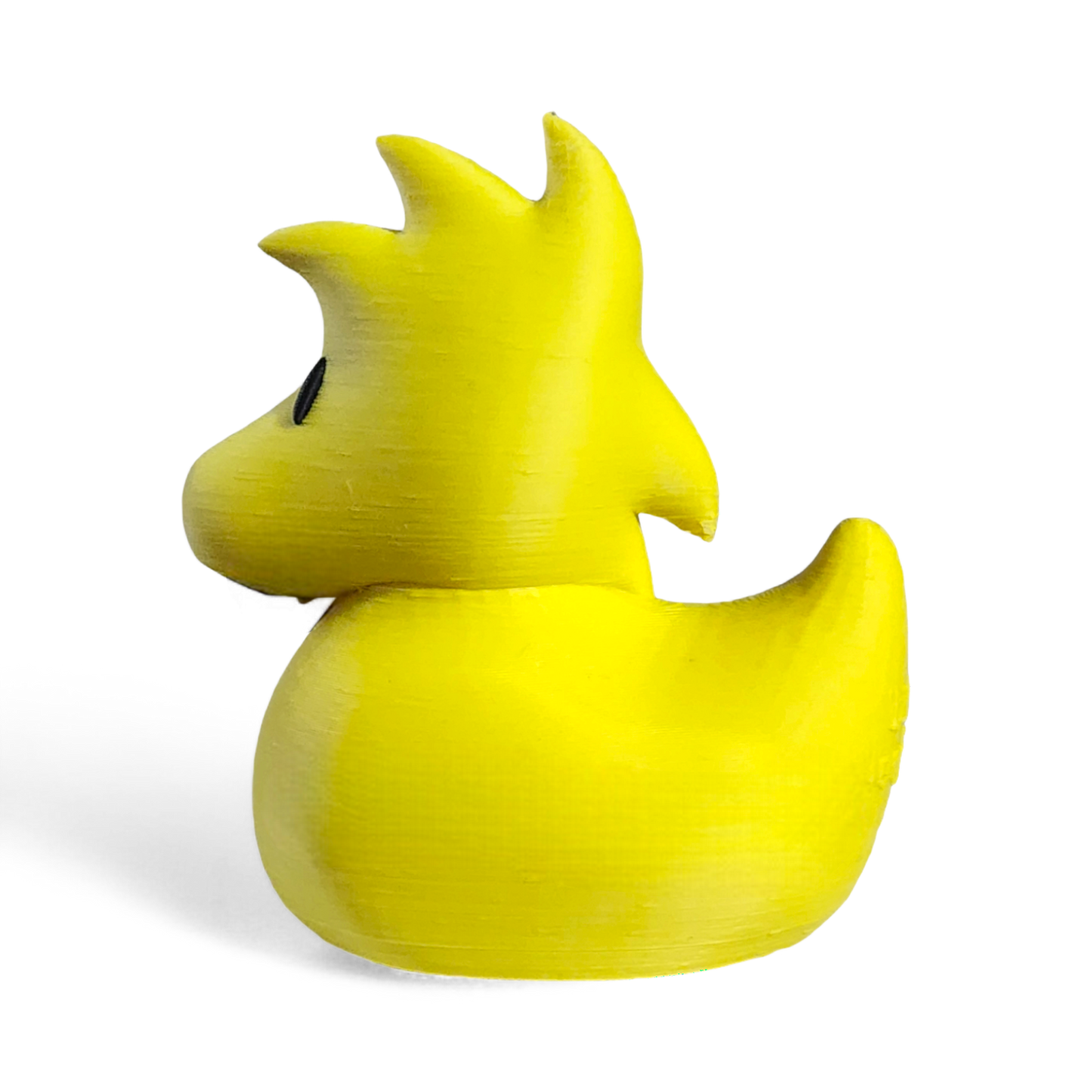 Yellow 3D printed PLA duck with a unique design on a white background
