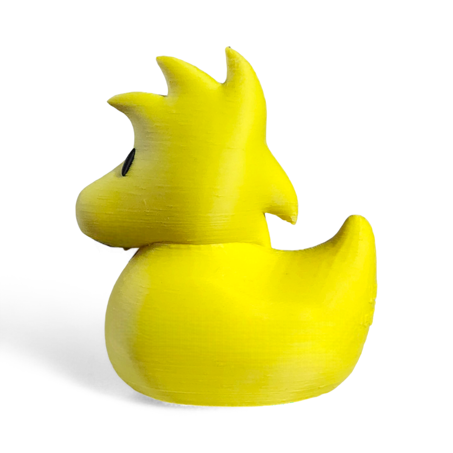 Yellow 3D printed PLA duck with a unique design on a white background