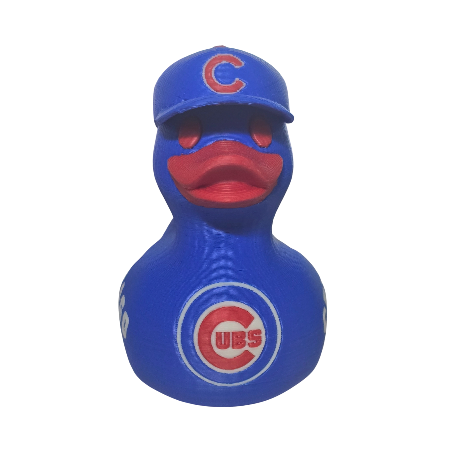 A blue 3D Printer PLA duck styled like a Chicago Cubs baseball player, wearing a blue cap with a red 'C' logo and featuring the Chicago Cubs logo on its side, set against a plain white background.