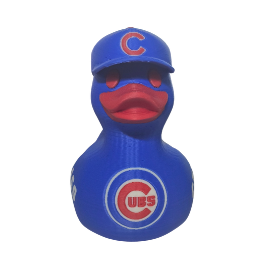A blue 3D Printer PLA duck styled like a Chicago Cubs baseball player, wearing a blue cap with a red 'C' logo and featuring the Chicago Cubs logo on its side, set against a plain white background.
