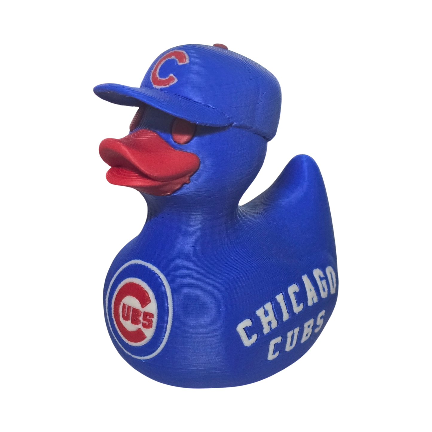 A blue 3D Printer PLA duck styled like a Chicago Cubs baseball player, wearing a blue cap with a red 'C' logo and featuring the Chicago Cubs logo on its side, set against a plain white background.