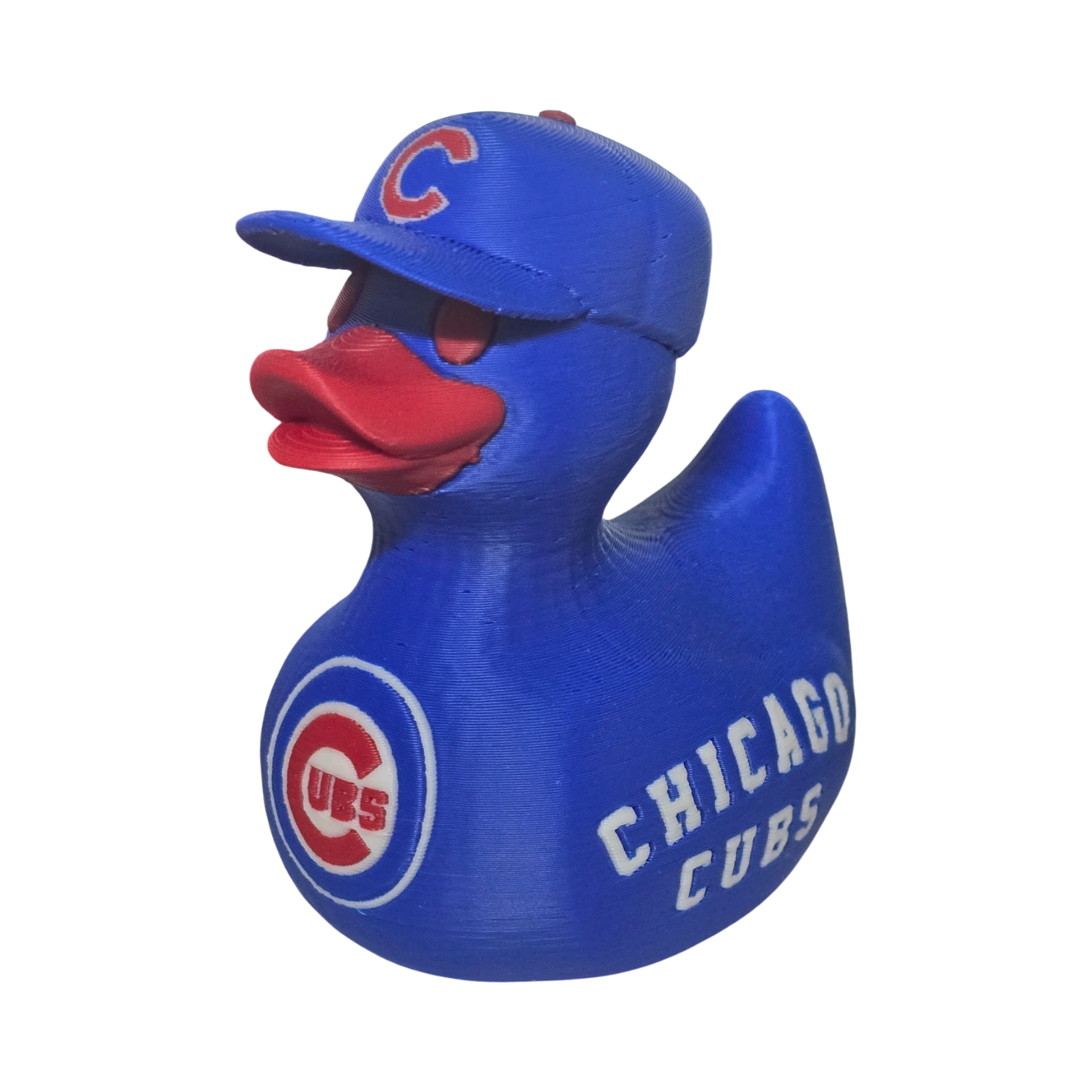 A blue 3D Printer PLA duck styled like a Chicago Cubs baseball player, wearing a blue cap with a red 'C' logo and featuring the Chicago Cubs logo on its side, set against a plain white background.