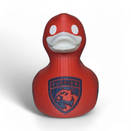 A red 3D printed PLA duck toy featuring the Florida Panthers logo on the side, with a white beak and white eye details, shown on a white background.