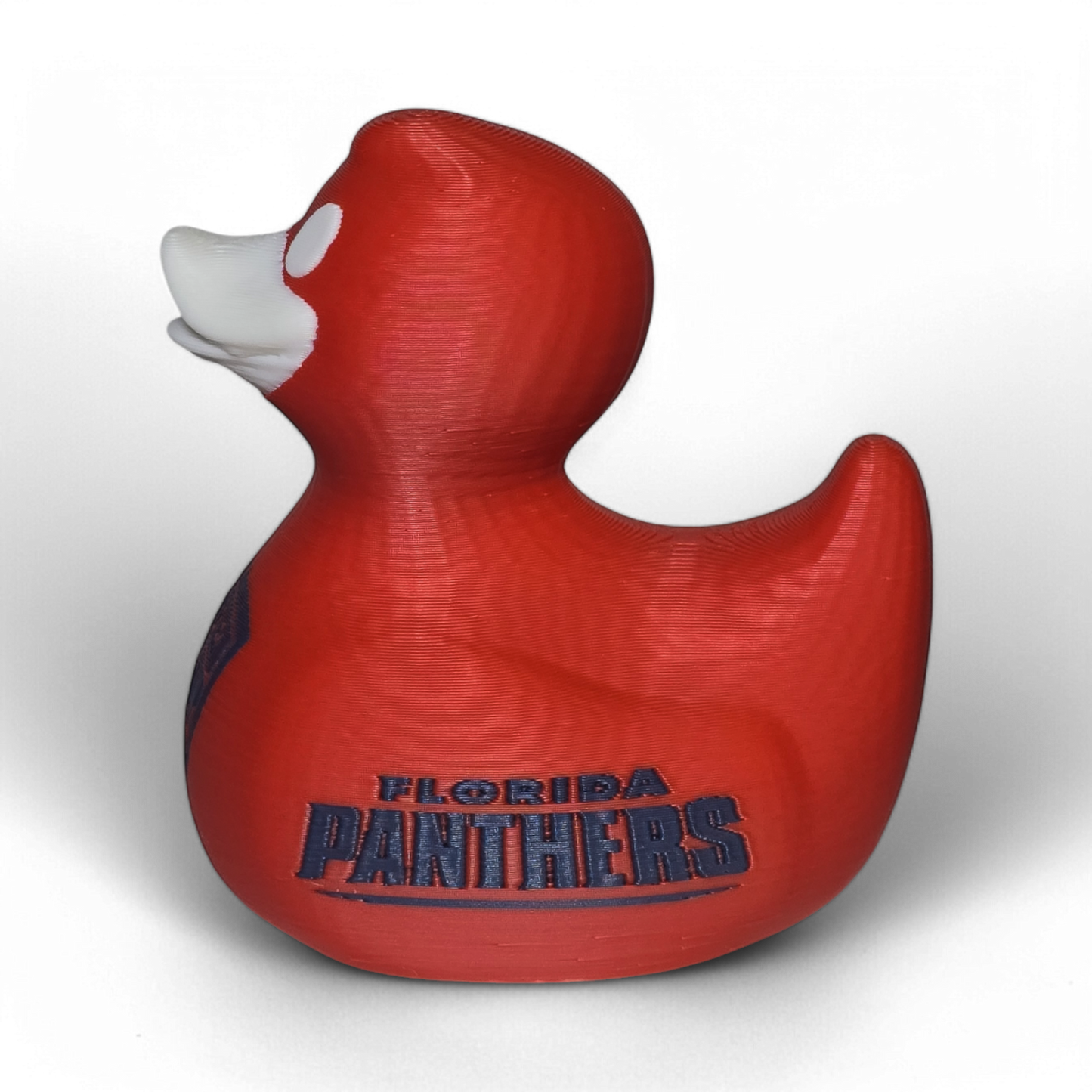 A red 3D printed PLA duck toy featuring the Florida Panthers logo on the side, with a white beak and white eye details, shown on a white background.