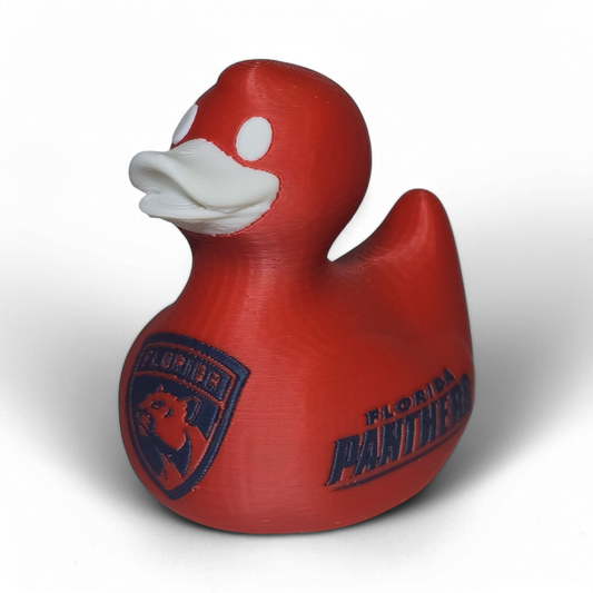 A red 3D printed PLA duck toy featuring the Florida Panthers logo on the side, with a white beak and white eye details, shown on a white background.