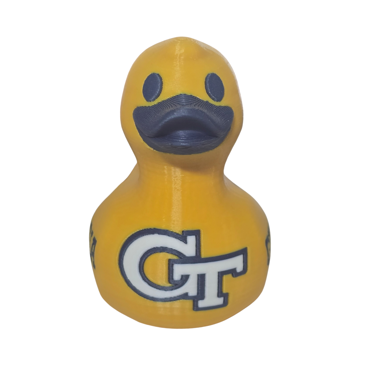 A yellow 3D Printer PLA duck with a dark blue beak and eyes, featuring the Georgia Tech 'GT' logo and 'GEORGIA TECH' text on the side, set against a plain white background.