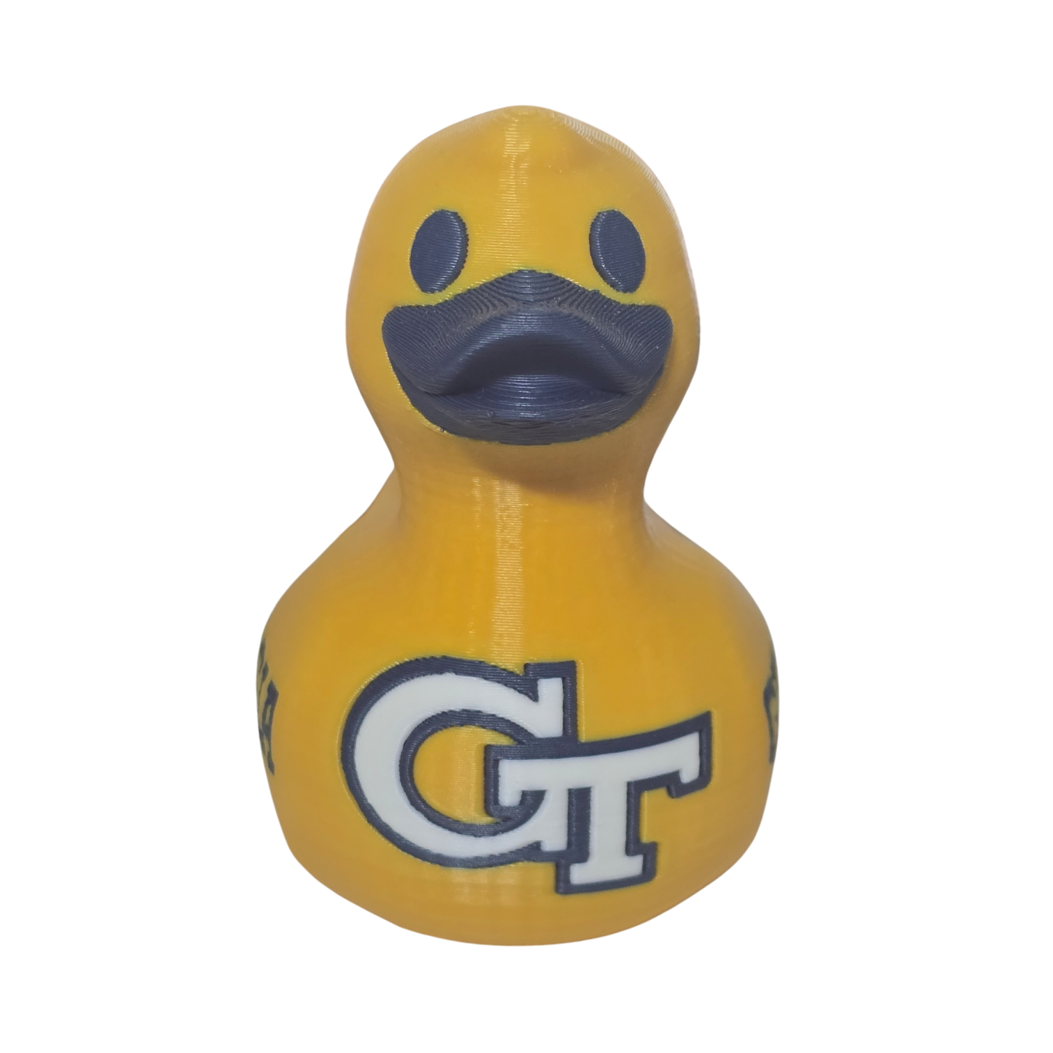 A yellow 3D Printer PLA duck with a dark blue beak and eyes, featuring the Georgia Tech 'GT' logo and 'GEORGIA TECH' text on the side, set against a plain white background.