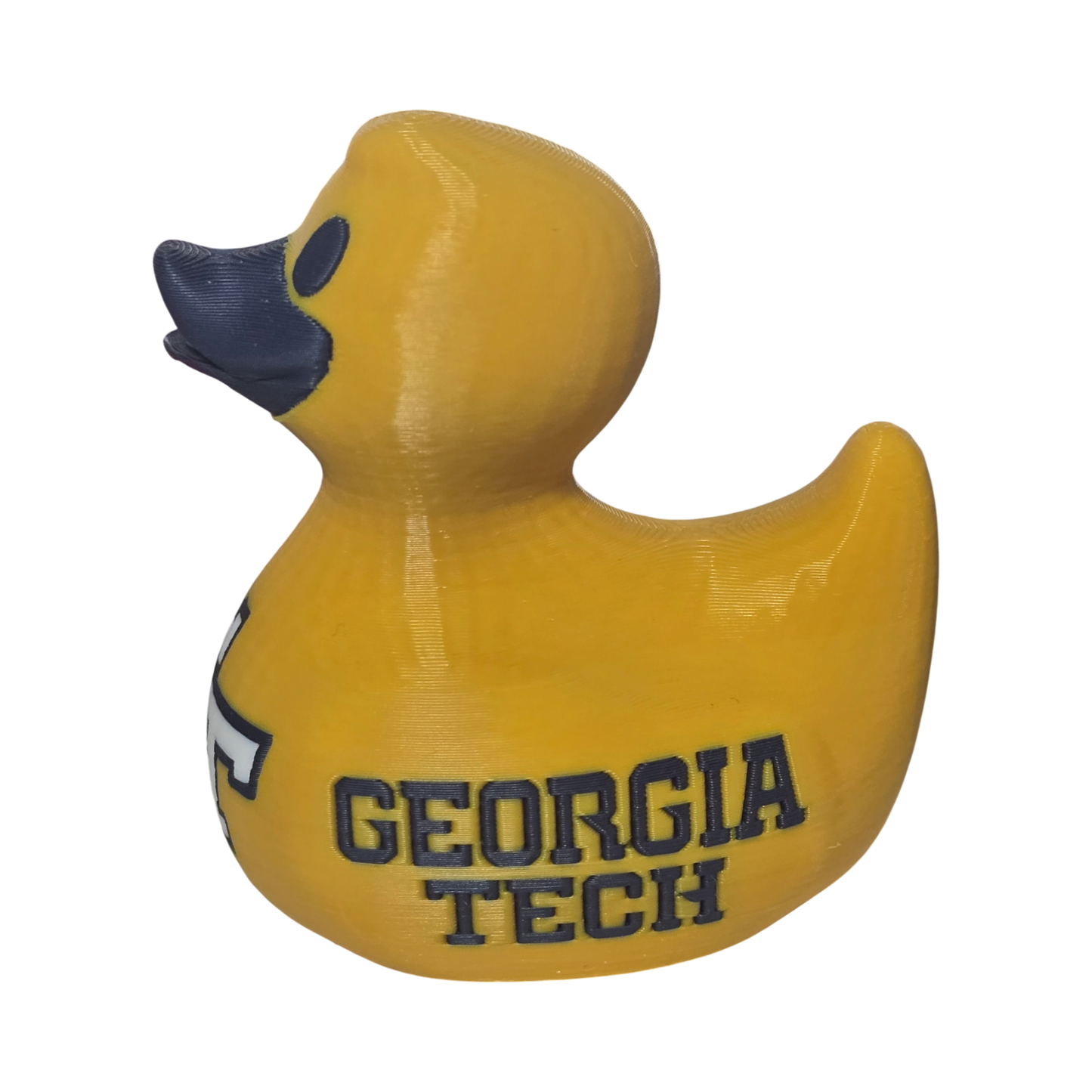 A yellow 3D Printer PLA duck with a dark blue beak and eyes, featuring the Georgia Tech 'GT' logo and 'GEORGIA TECH' text on the side, set against a plain white background.