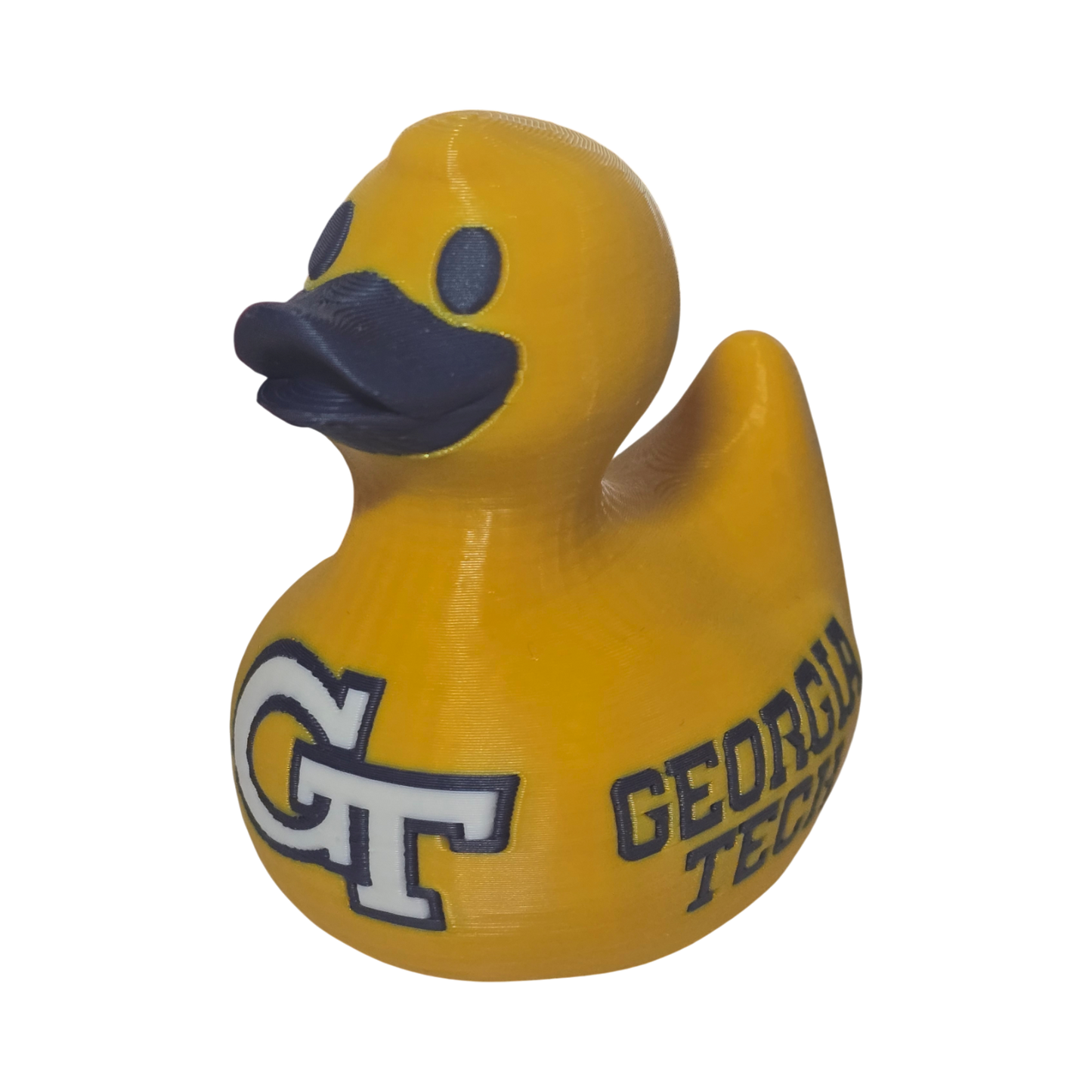 A yellow 3D Printer PLA duck with a dark blue beak and eyes, featuring the Georgia Tech 'GT' logo and 'GEORGIA TECH' text on the side, set against a plain white background.