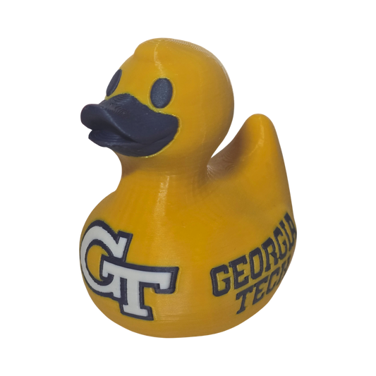 A yellow 3D Printer PLA duck with a dark blue beak and eyes, featuring the Georgia Tech 'GT' logo and 'GEORGIA TECH' text on the side, set against a plain white background.