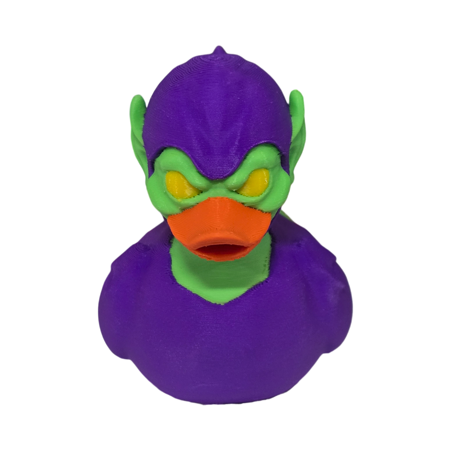 A 3D printed duck styled as the Marvel character Green Goblin, featuring a purple body and helmet, green skin, and an orange beak, isolated on a white background.