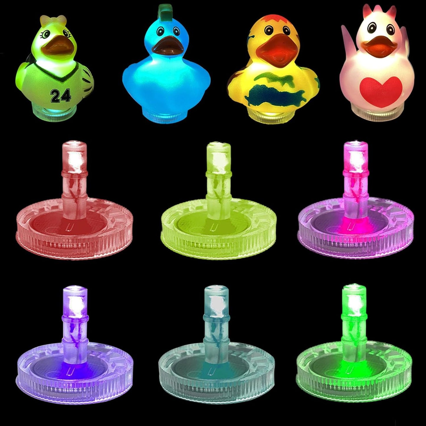 Nine inflatable duck-shaped party blowers arranged in a 3x3 grid on a black background, each paired with a matching translucent circular base and illuminated in different colors. The ducks are shown in green, blue, yellow, and pink, and the bases glow in red, green, pink, purple, teal, and green.