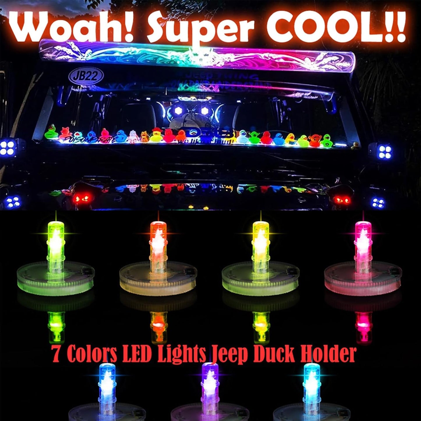 LED lights on a Jeep with colorful duck holders and text 'Woah! Super COOL!!' and '7 Colors LED Lights Jeep Duck Holder'.