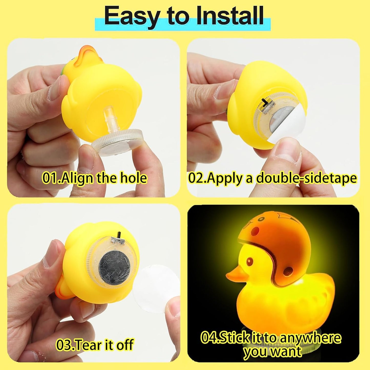 Step-by-step guide on how to install a yellow duck-shaped adhesive with images of hands performing each step.