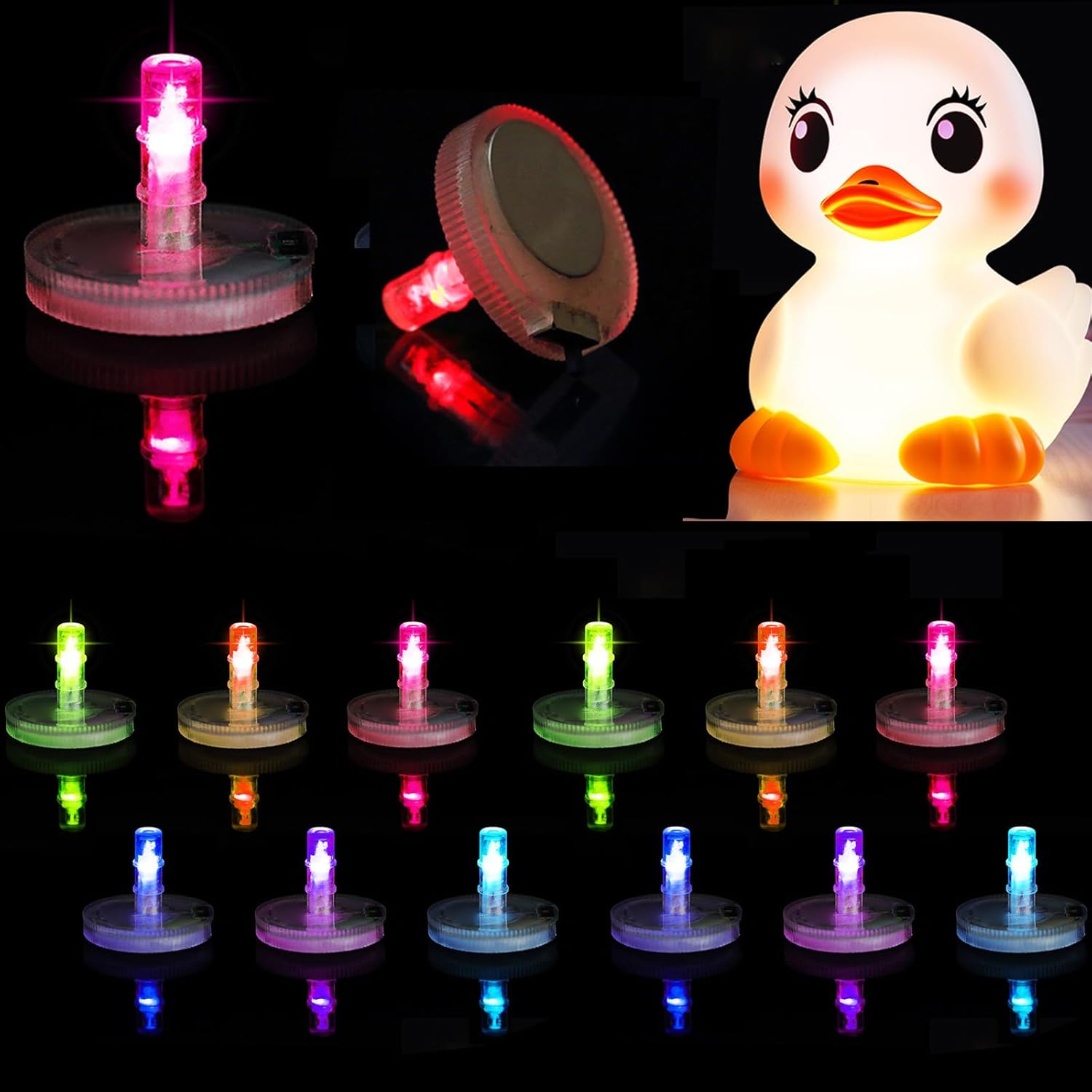 Collage of duck-shaped night light and colorful LED lights on a black background