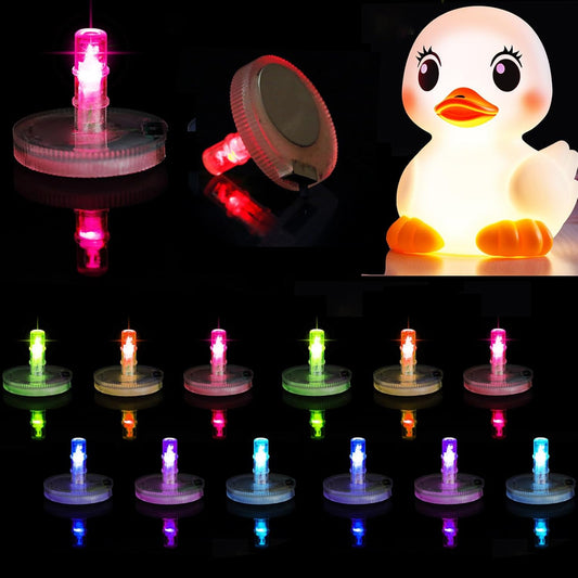 Collage of duck-shaped night light and colorful LED lights on a black background