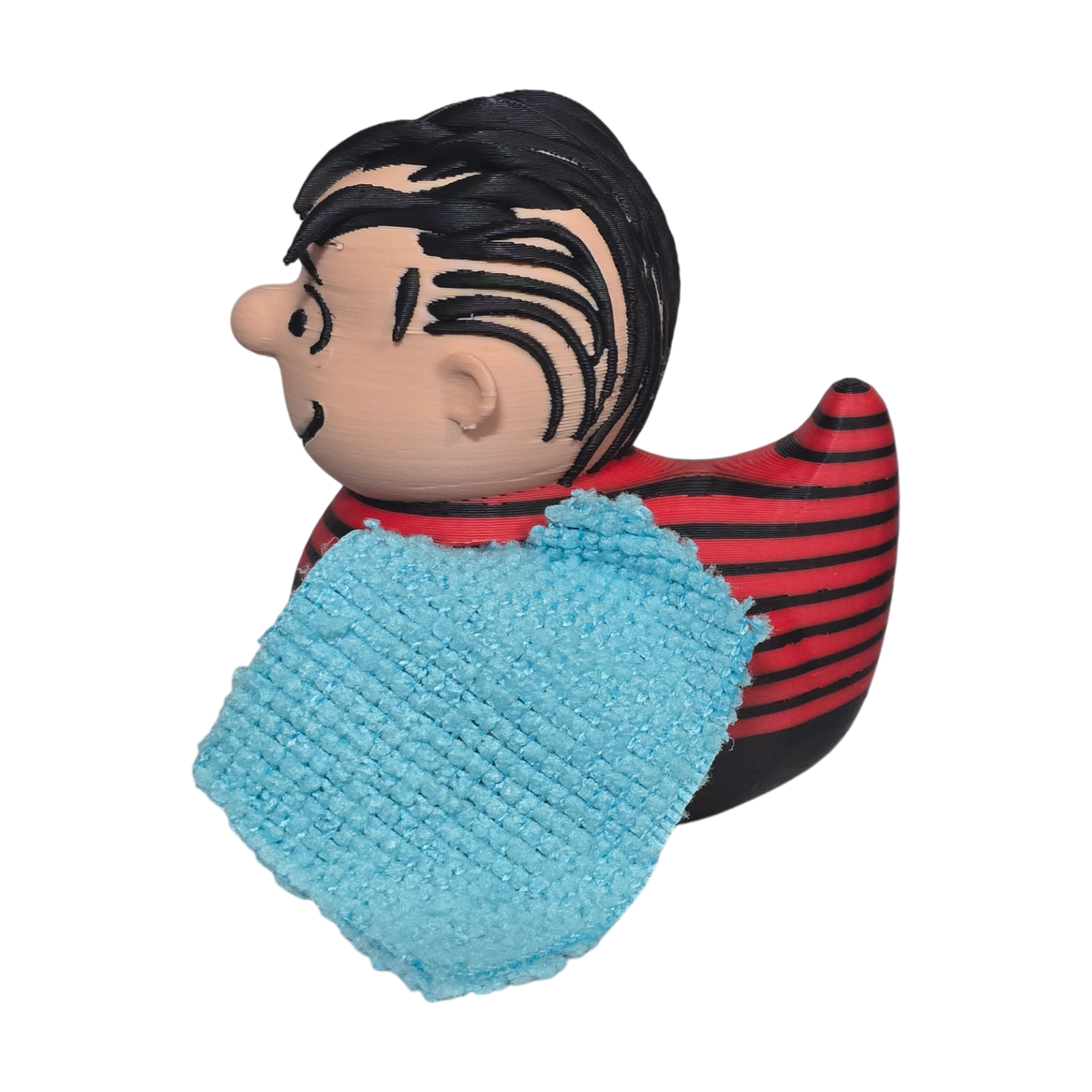 A Peanuts character 3D Printed PLA Duck with black hair, a red and black striped shirt, and a light blue textured blanket, shown on a plain white background.