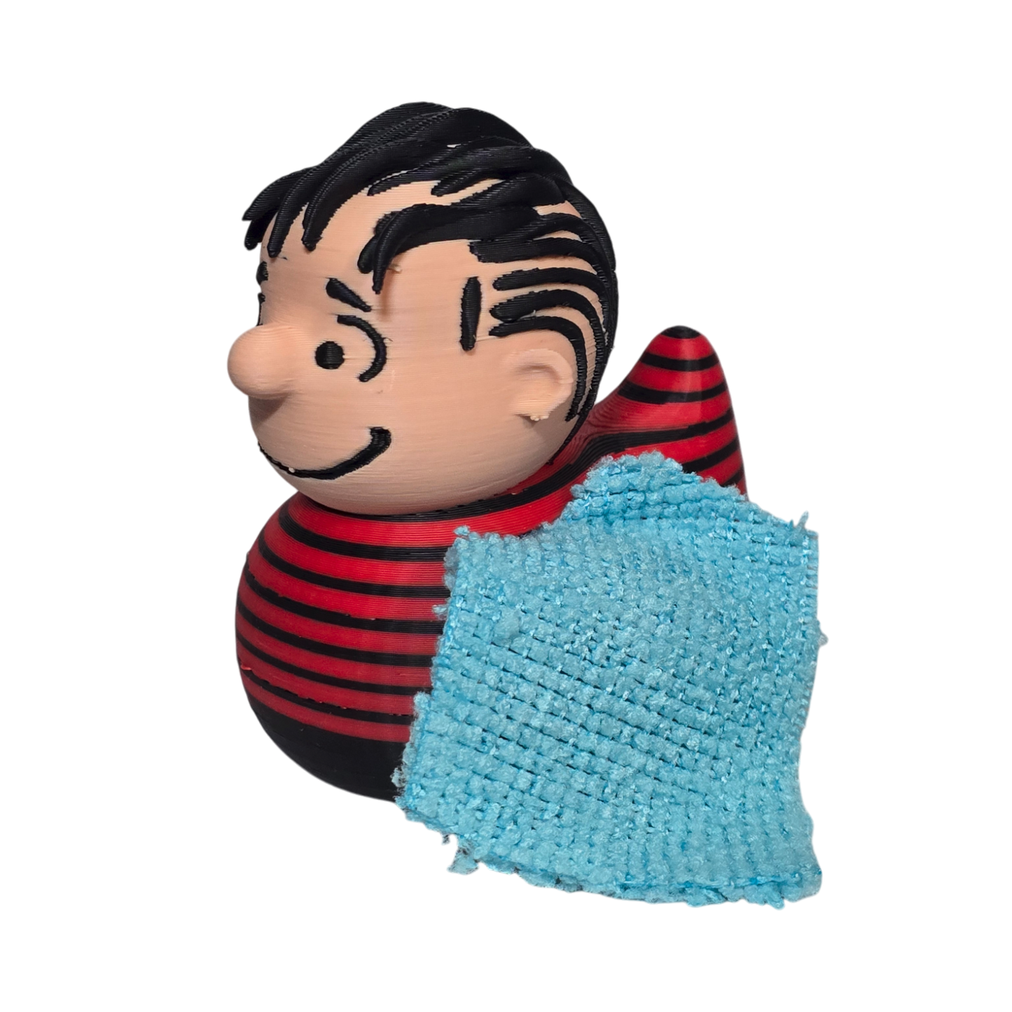 A Peanuts character 3D Printed PLA Duck with black hair, a red and black striped shirt, and a light blue textured blanket, shown on a plain white background.