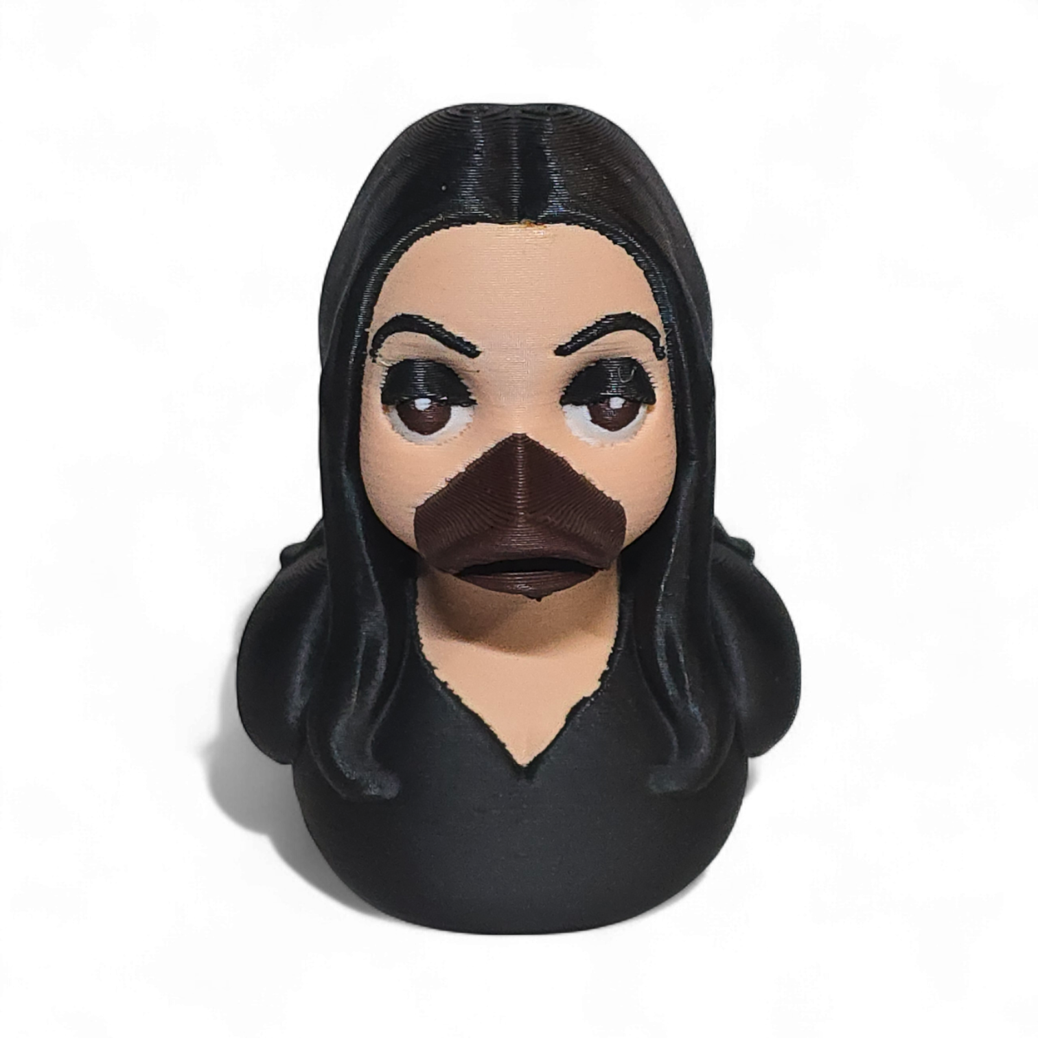 A novelty 3D printed PLA duck styled as a woman with long black hair, a beige face, and a dark brown beak, shown on a plain white background.