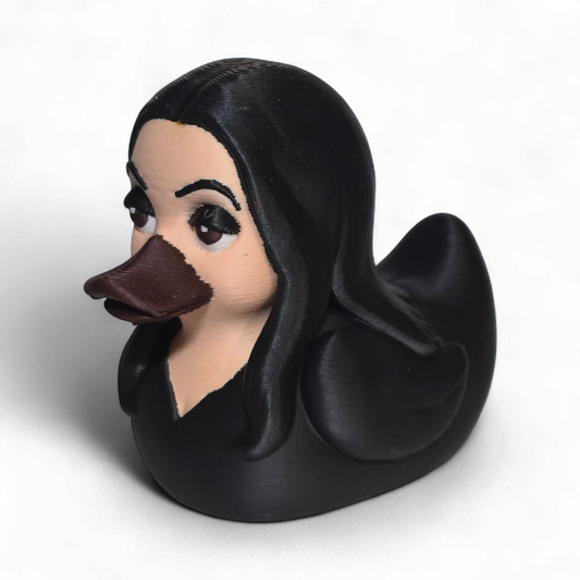 A novelty 3D printed PLA duck styled as a woman with long black hair, a beige face, and a dark brown beak, shown on a plain white background.
