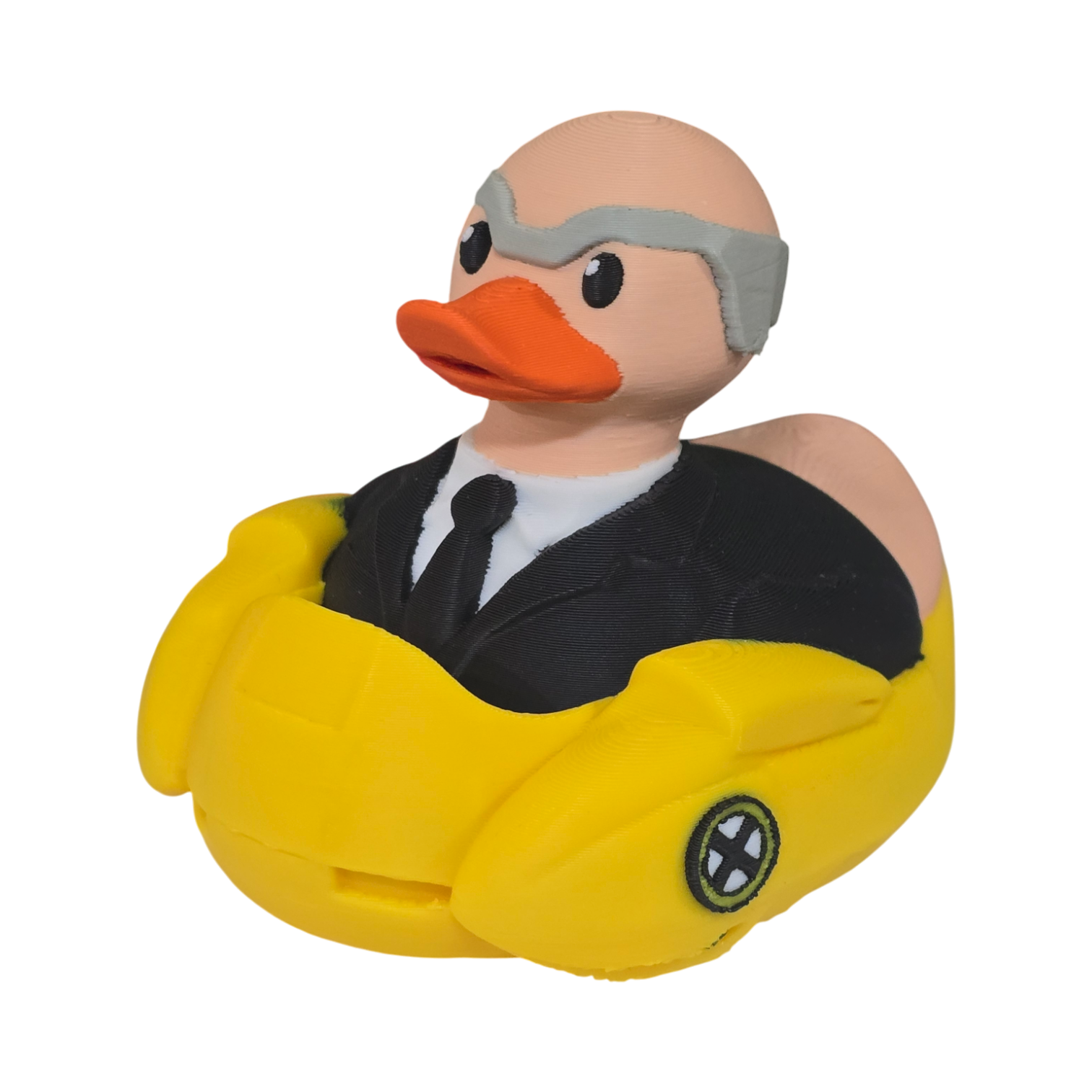 A 3D printed PLA duck toy featuring a bald man in a black suit and tie with a gray mask, sitting inside a bright yellow car-shaped base on a white background.