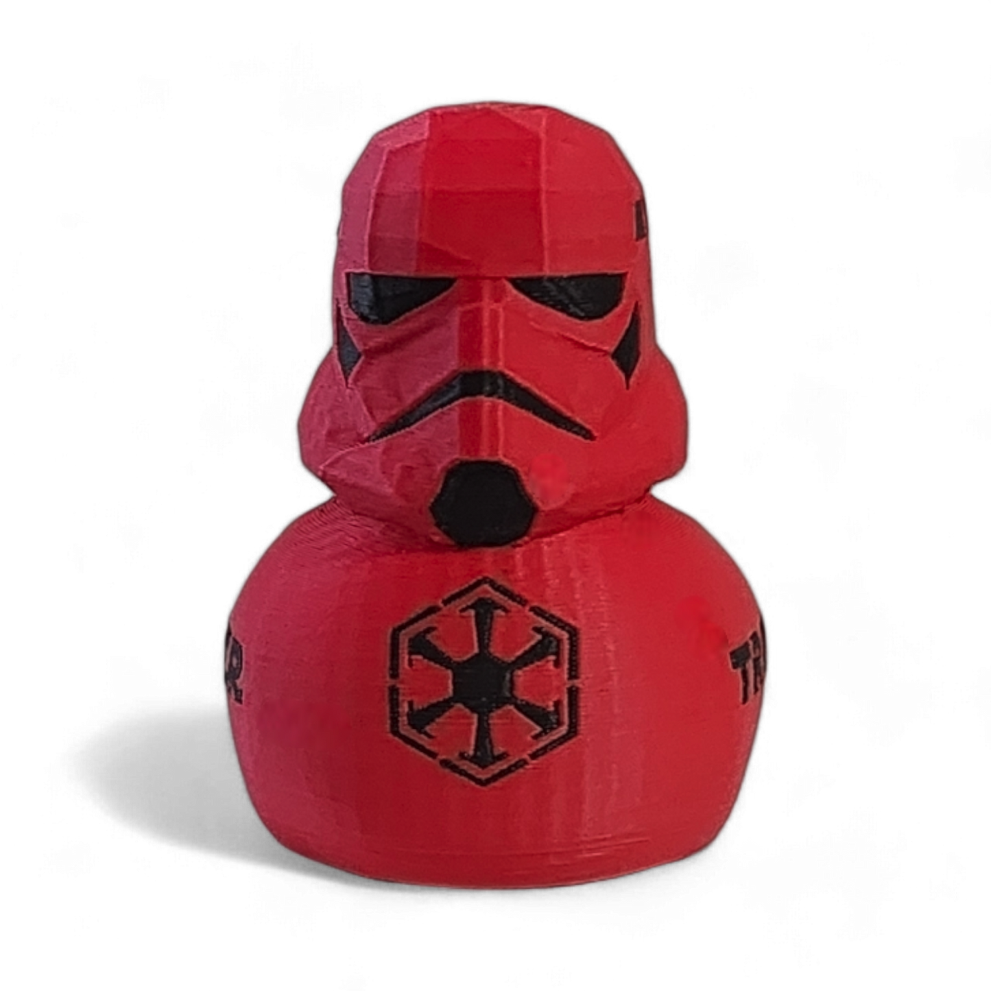 Red 3D printed PLA duck with a Star Wars Imperial logo on a white background