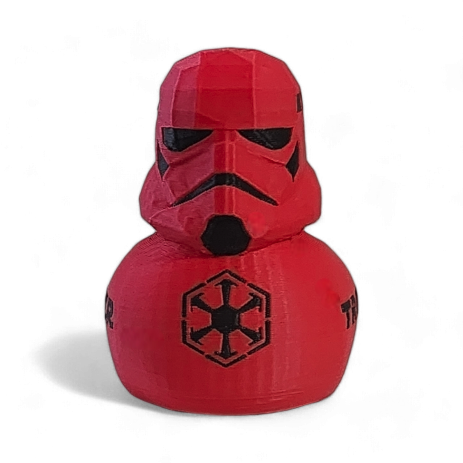 Red 3D printed PLA duck with a Star Wars Imperial logo on a white background