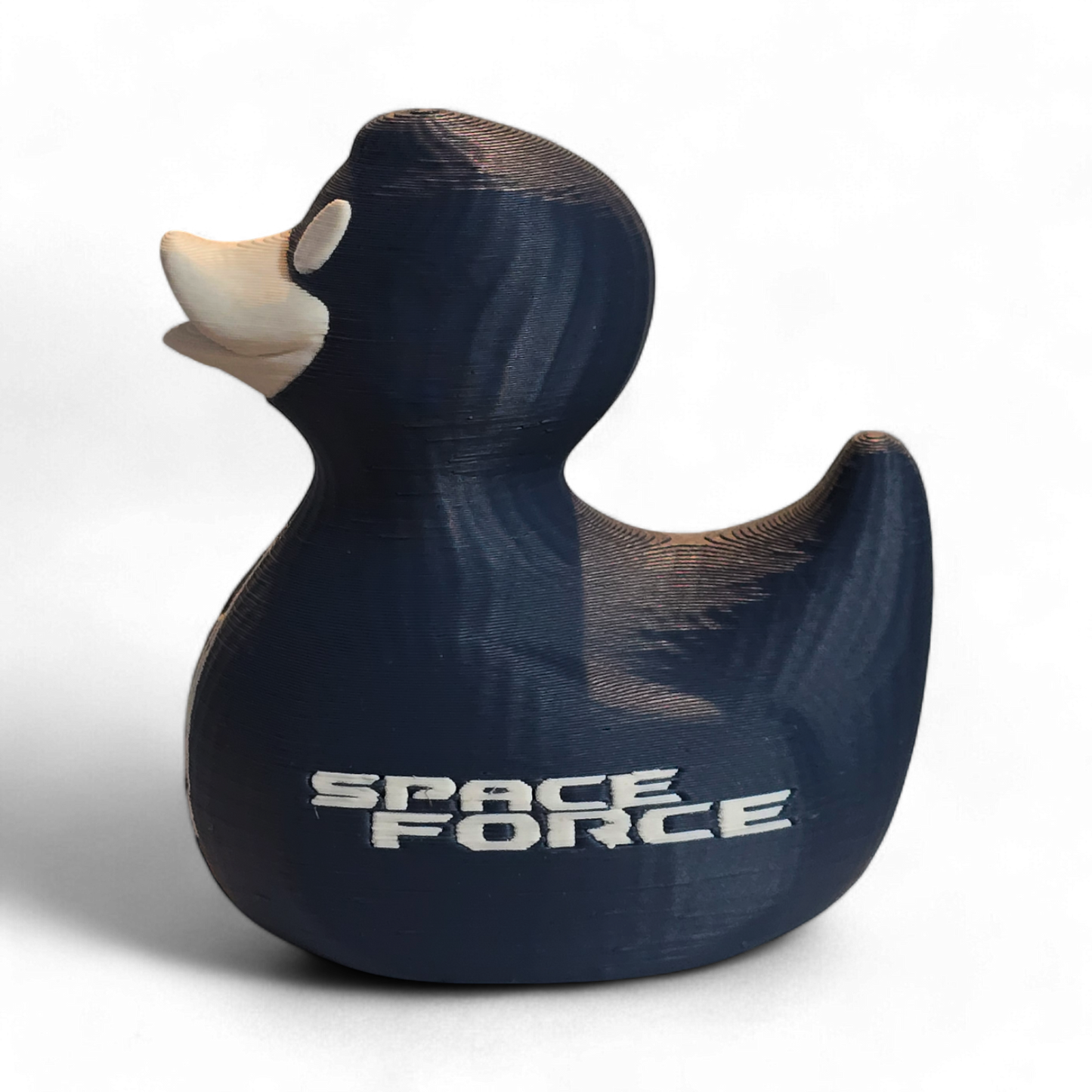 Navy blue 3D printed duck with 'Space Force' text and logo on a white background