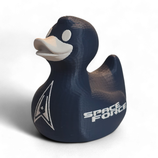 Navy blue 3D printed duck with 'Space Force' text and logo on a white background