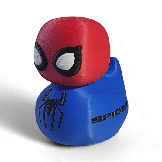 A Spider-Man-themed 3D printed PLA duck, featuring a red head with black and white eyes and a blue body with a black spider emblem and the word 'SPIDEY' printed on it, set against a plain white background.