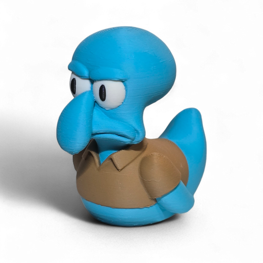 Blue cartoon-like figurine with a brown shirt on a white background