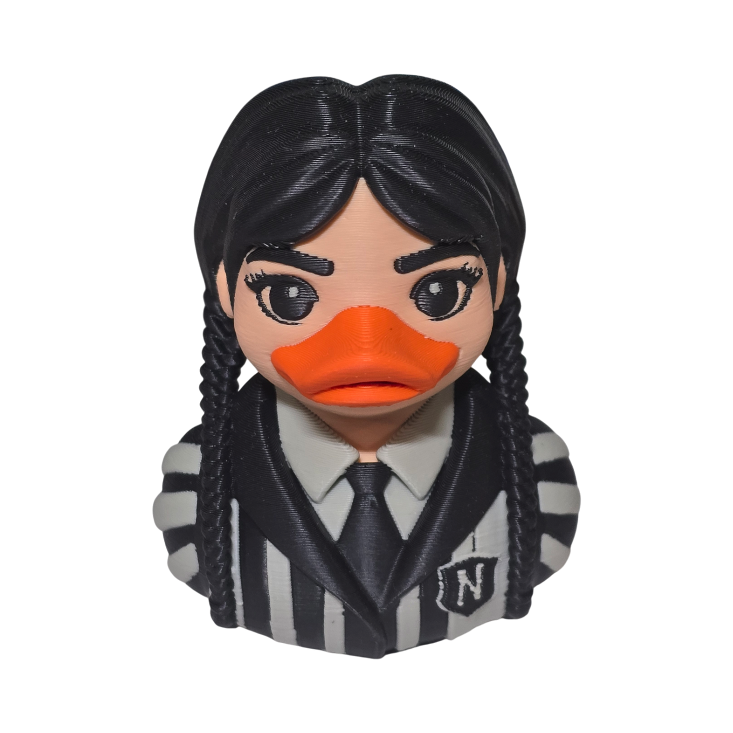 A 3D printed PLA duck styled as a woman with black braided hair, a bright orange beak, and a black-and-white striped shirt, shown on a plain white background.