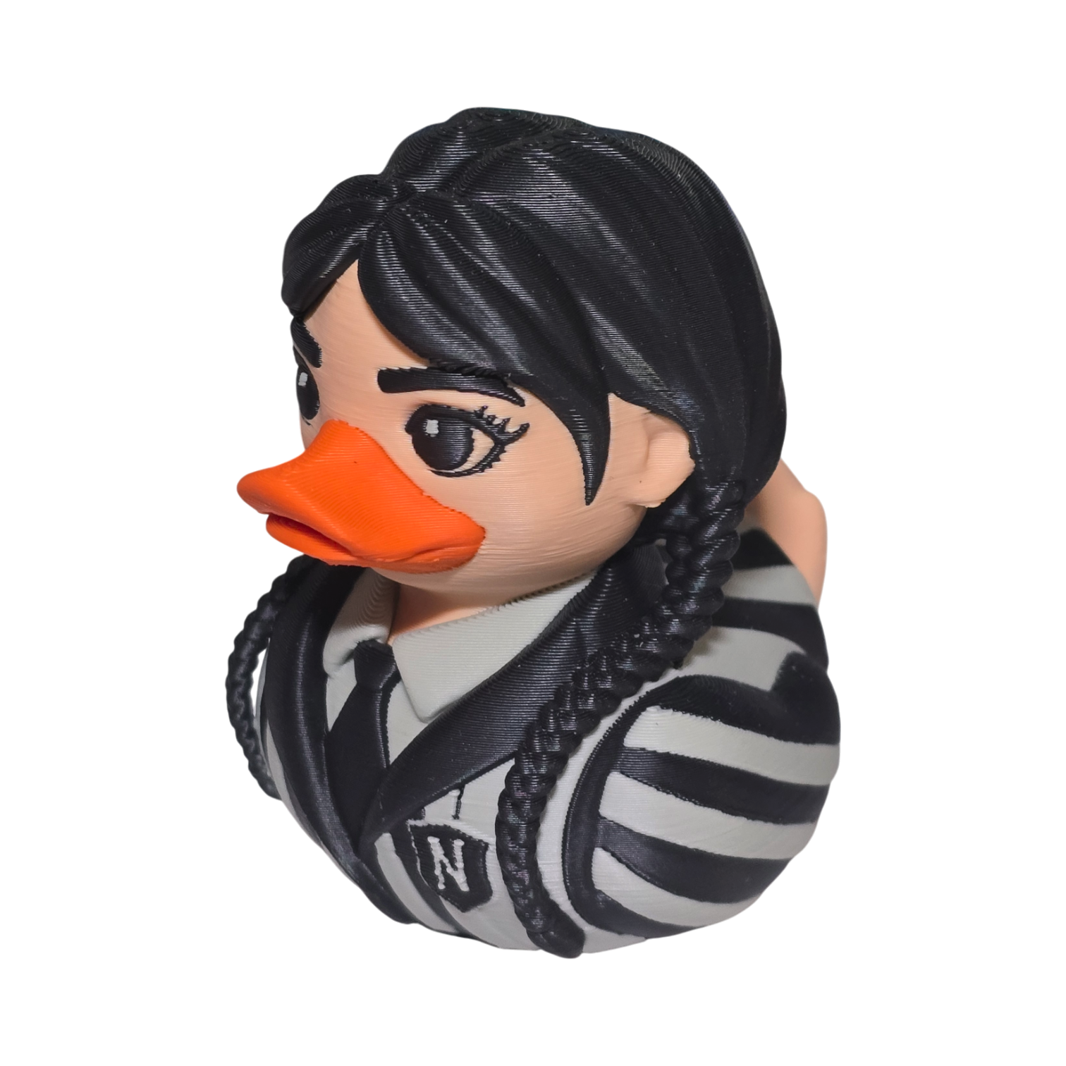 A 3D printed PLA duck styled as a woman with black braided hair, a bright orange beak, and a black-and-white striped shirt, shown on a plain white background.