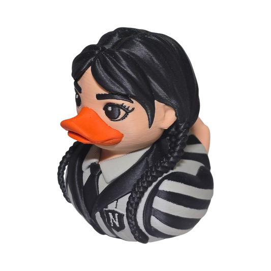 A 3D printed PLA duck styled as a woman with black braided hair, a bright orange beak, and a black-and-white striped shirt, shown on a plain white background.