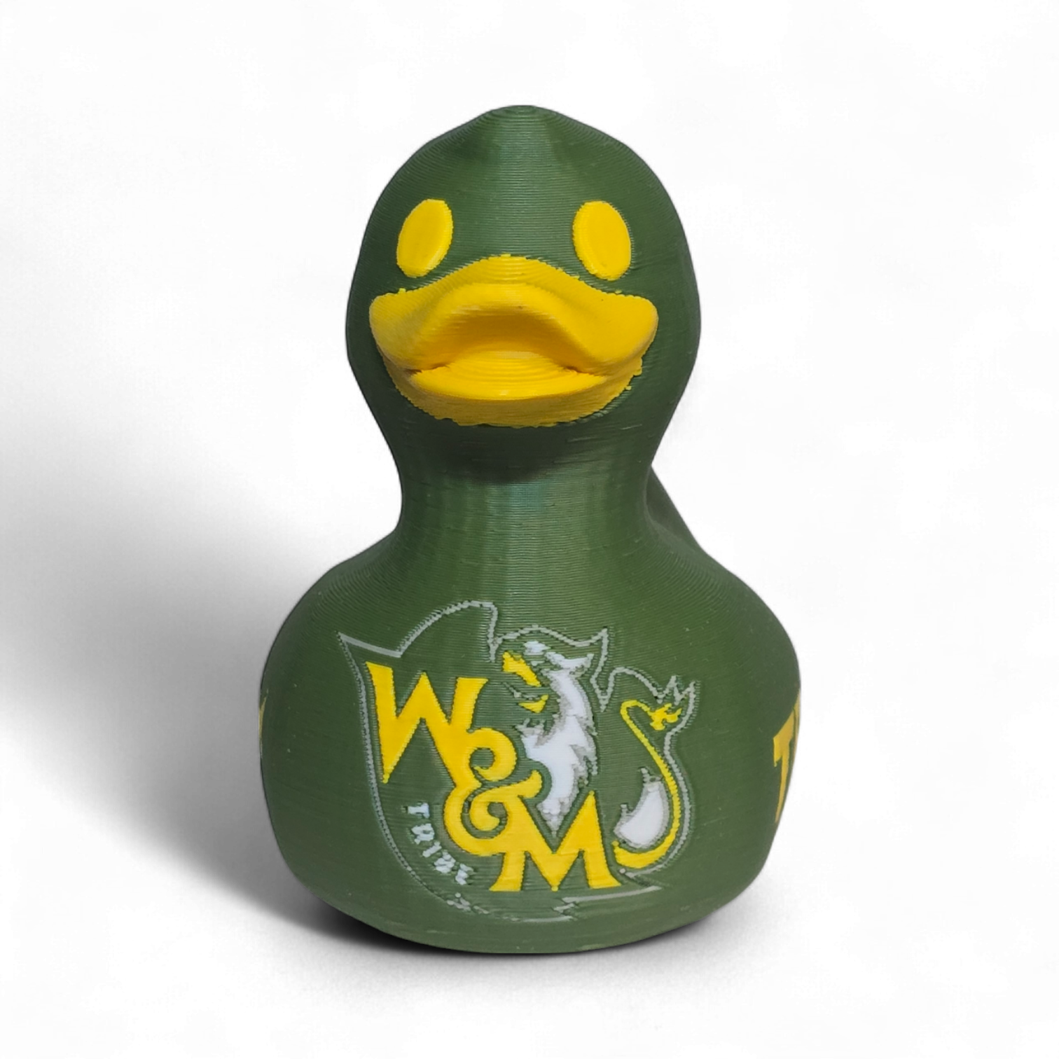 A green 3D Printed PLA duck with a yellow beak and yellow eye, featuring a white and yellow W&M Tribe logo on the side, set against a plain white background.