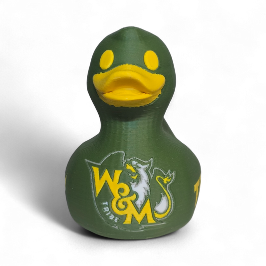 A green 3D Printed PLA duck with a yellow beak and yellow eye, featuring a white and yellow W&M Tribe logo on the side, set against a plain white background.