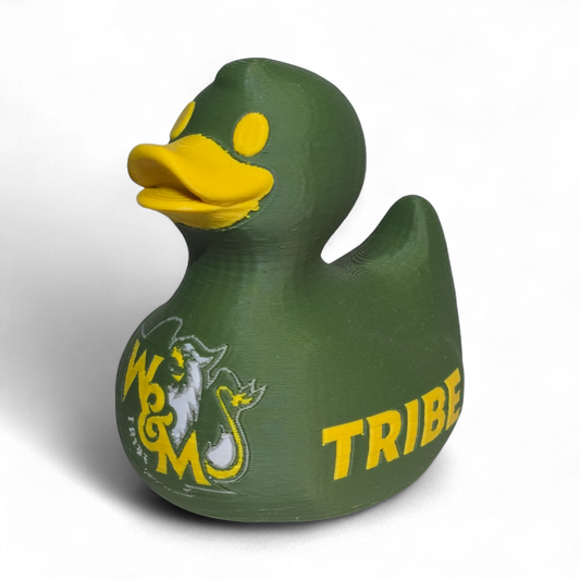 A green 3D Printed PLA duck with a yellow beak and yellow eye, featuring a white and yellow W&M Tribe logo on the side, set against a plain white background.