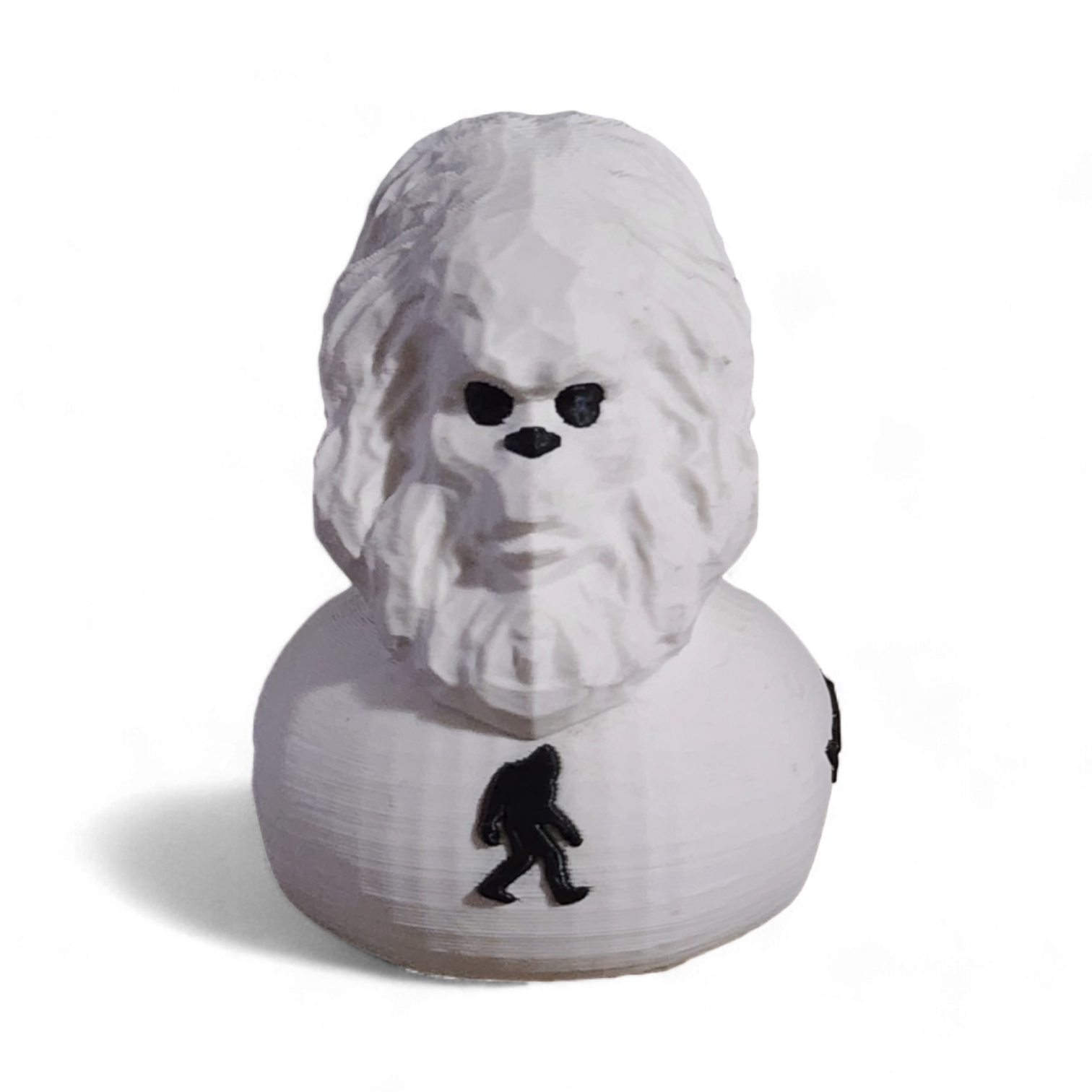 White 3D Printed PLA duck with YETI logo on a white background