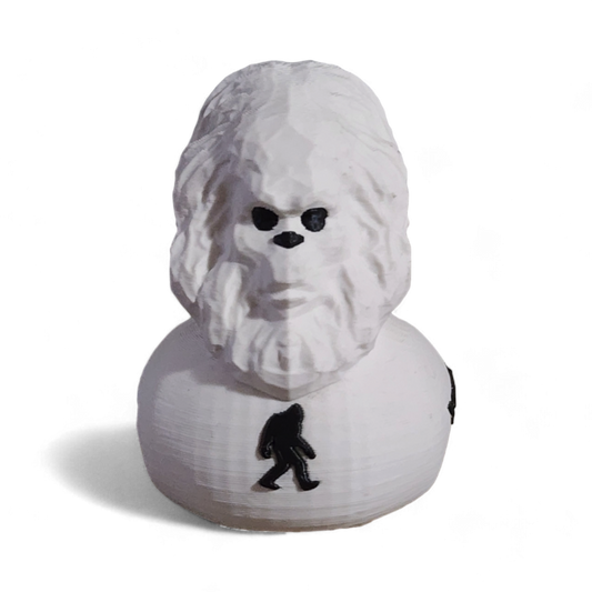 White 3D Printed PLA duck with YETI logo on a white background