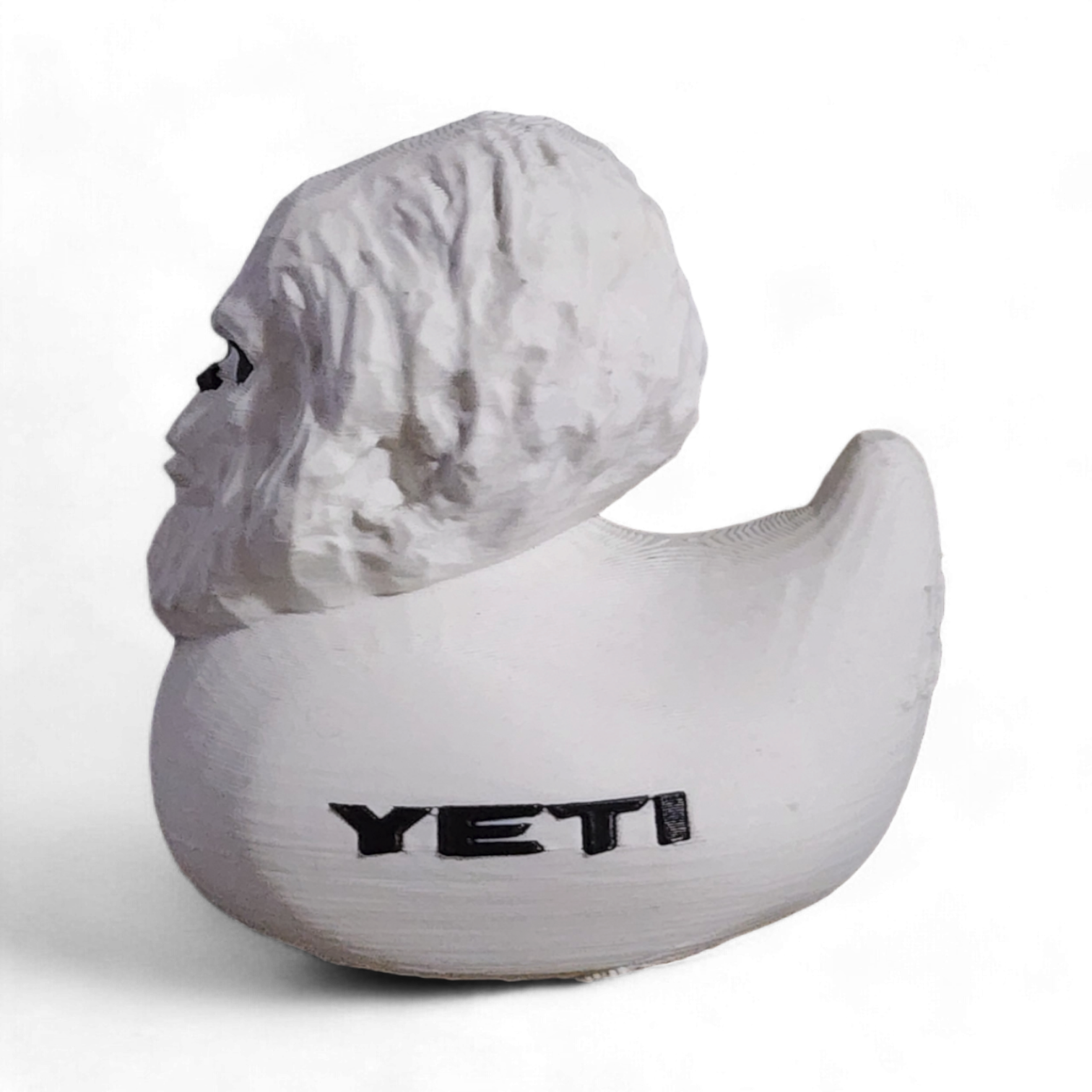 White 3D Printed PLA duck with YETI logo on a white background