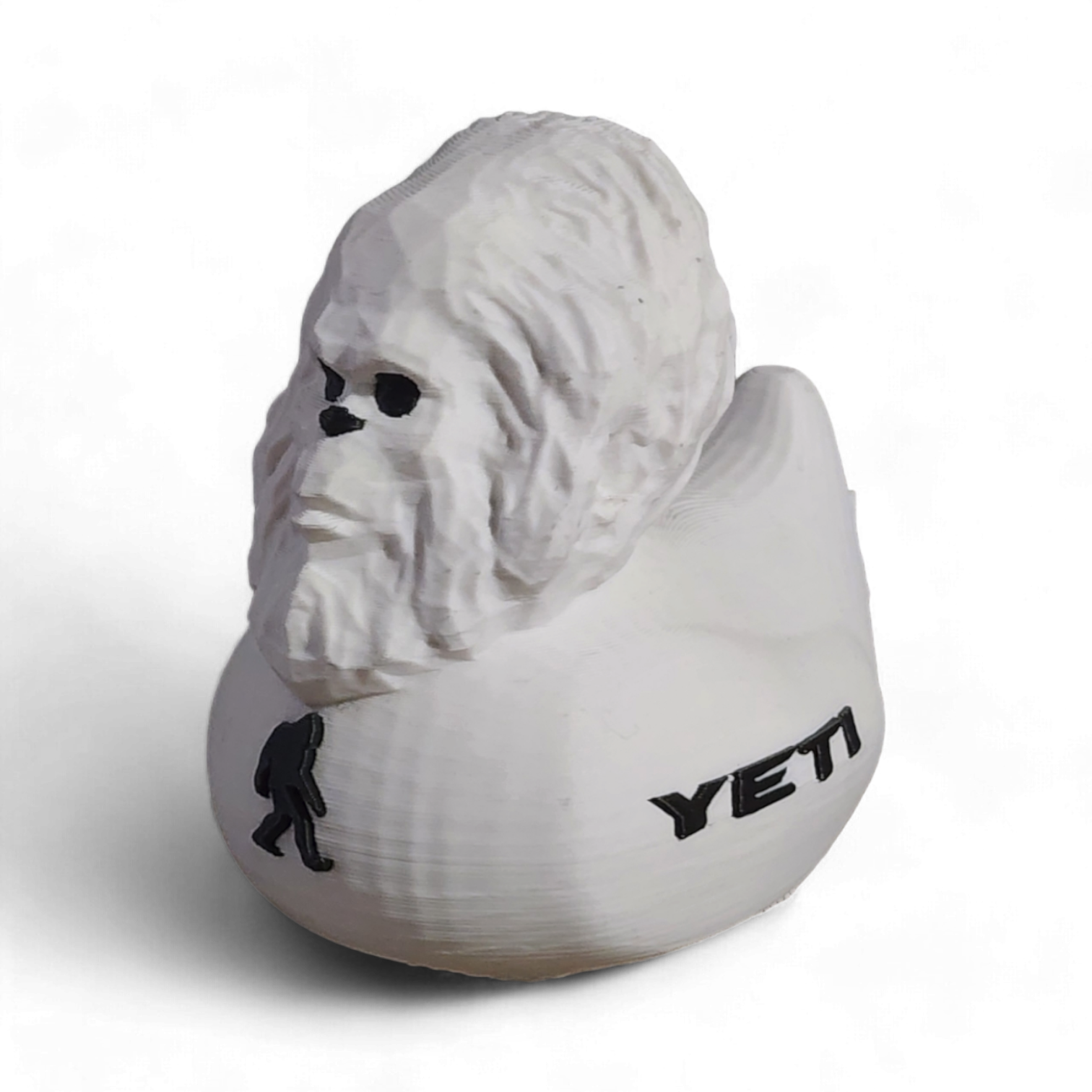 White 3D Printed PLA duck with YETI logo on a white background
